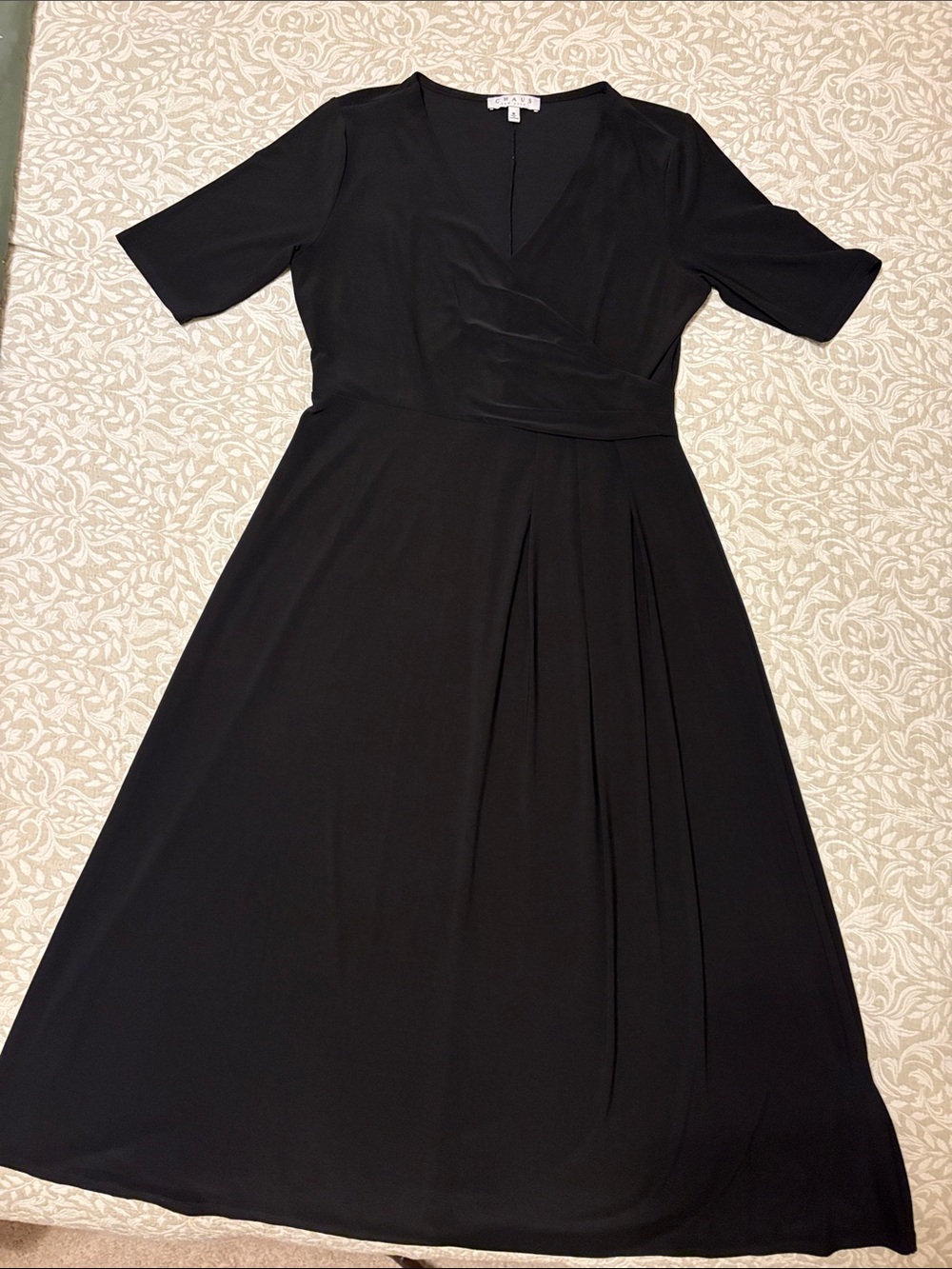 Black V-Neck Midi Dress with Short Sleeves by Chaus